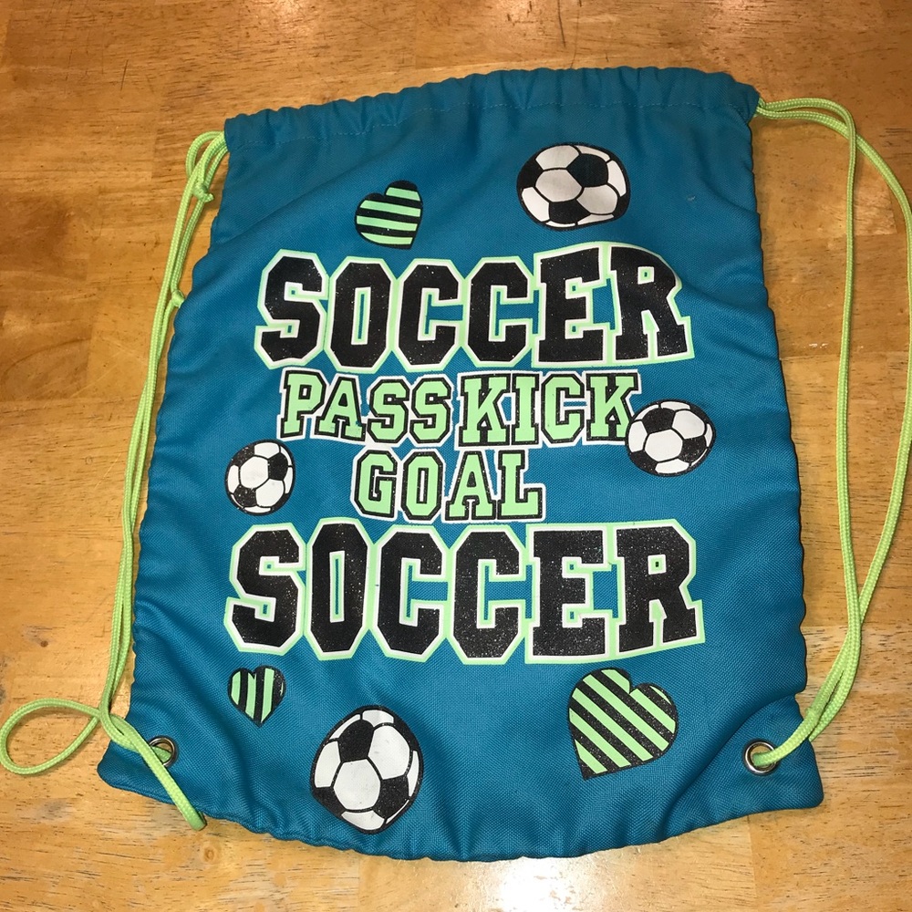 JUSTICE blue & green soccer drawstring bag